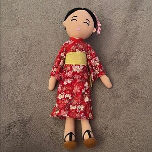 Red Floral Kimono Doll with Yellow Sash